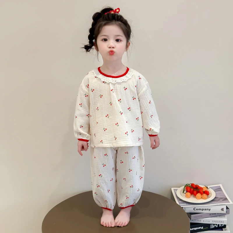 儿童棉纱圆领卡通睡衣套装宝宝长袖新款春季女童可爱家居服可外穿