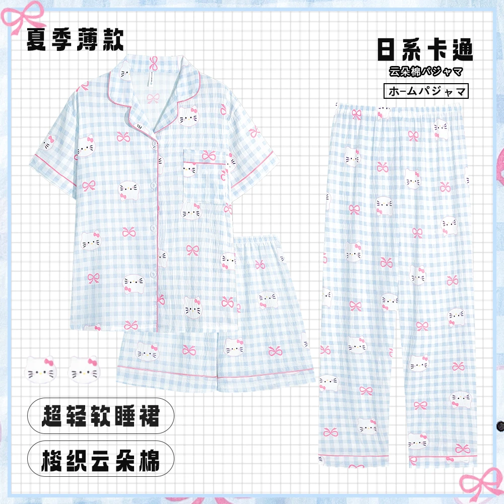 夏季睡衣女新款三件套短袖短裤翻领卡通夏天宽松夏款家居服套装