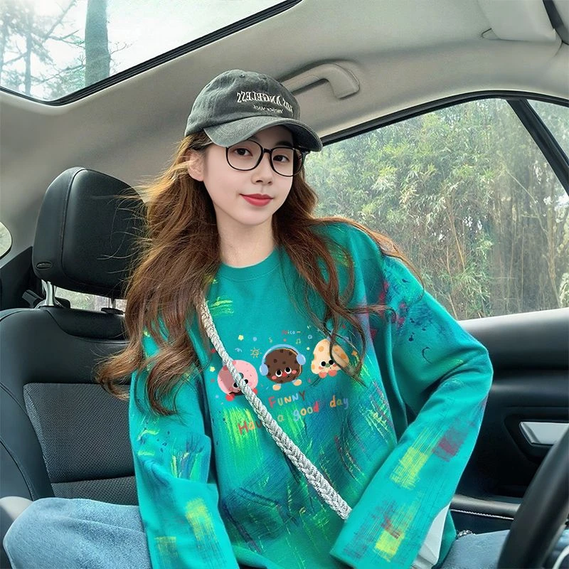 大码女装扎染设计感纯棉长袖t恤女洋气减龄卡通印花显瘦上衣ins潮