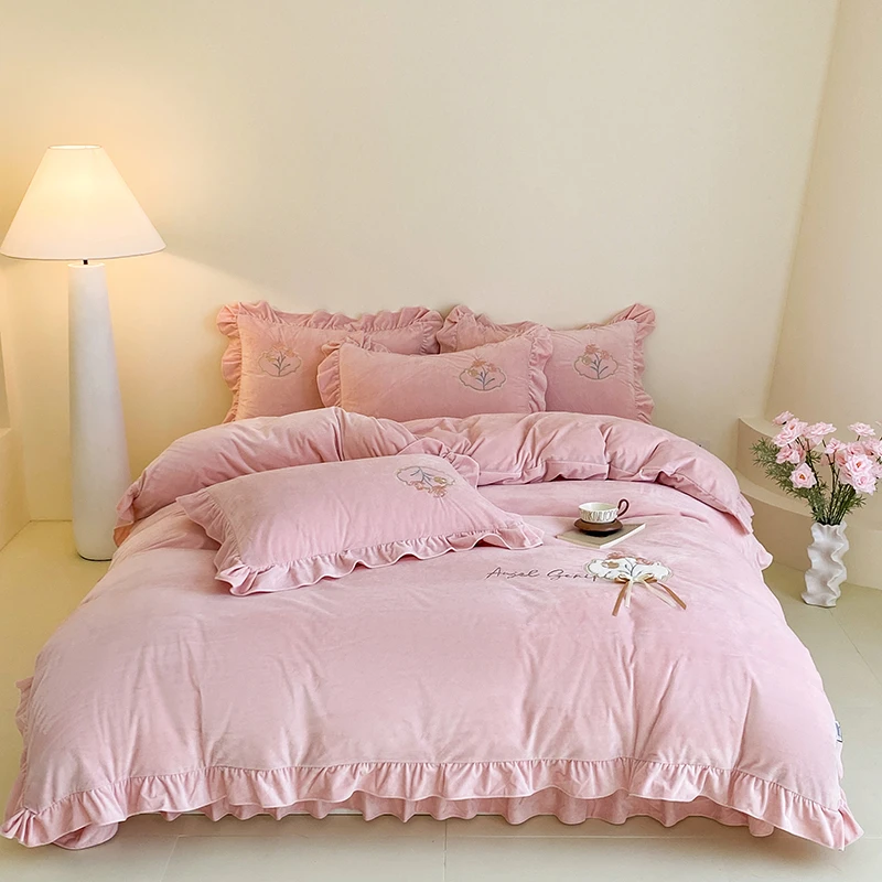 【婴儿绒】保暖婴儿绒床盖款四件套纯色花边款宝宝绒柔软细腻不掉毛