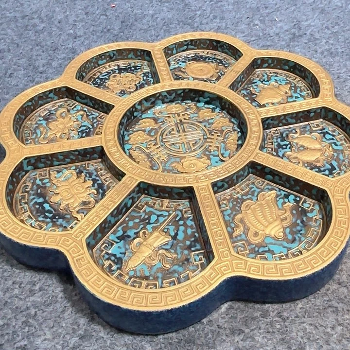 汝均釉九子果盘雕刻描金八吉祥纹