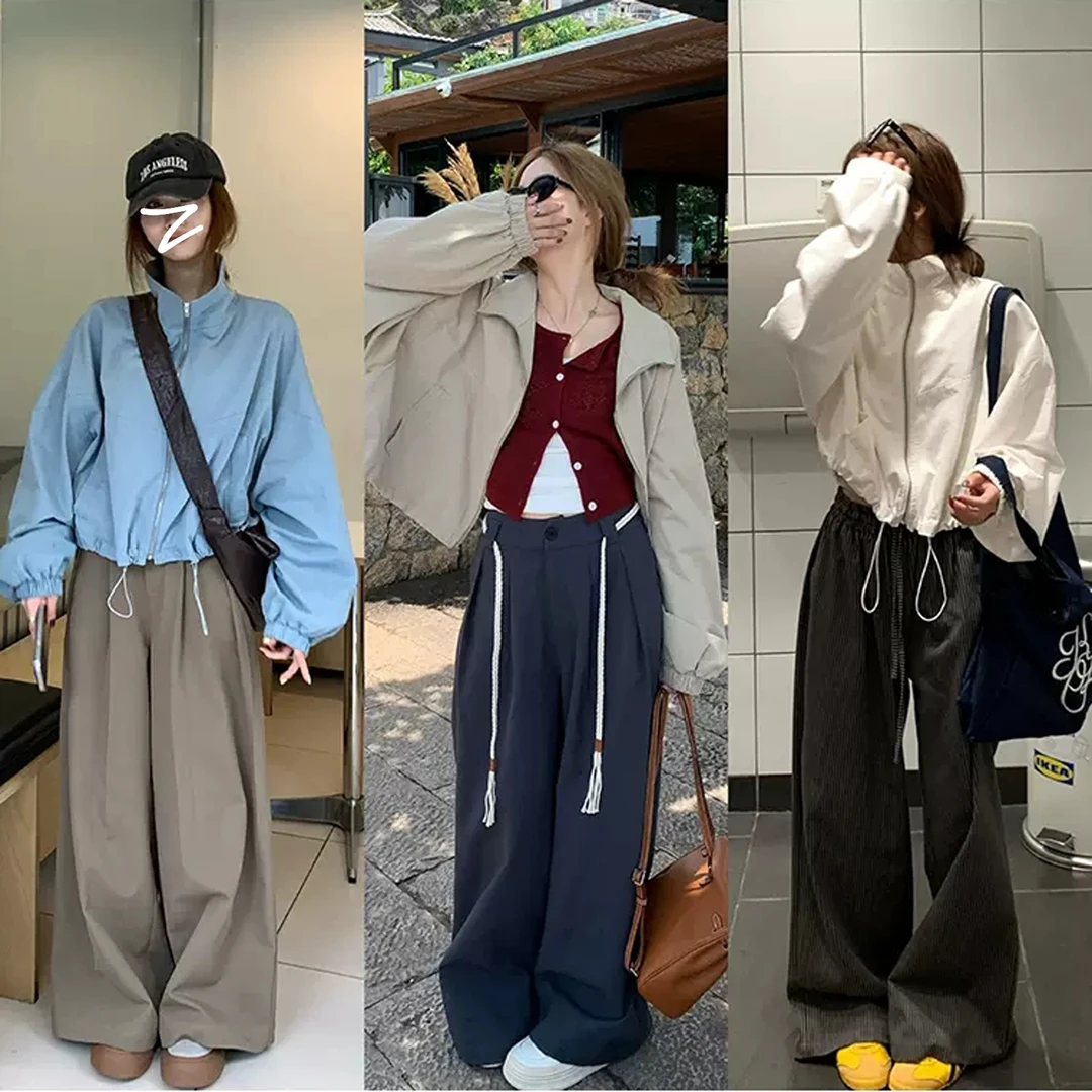 立领拉链短款风衣短外套早秋复古港风宽松经典纯色休闲抽绳上衣女