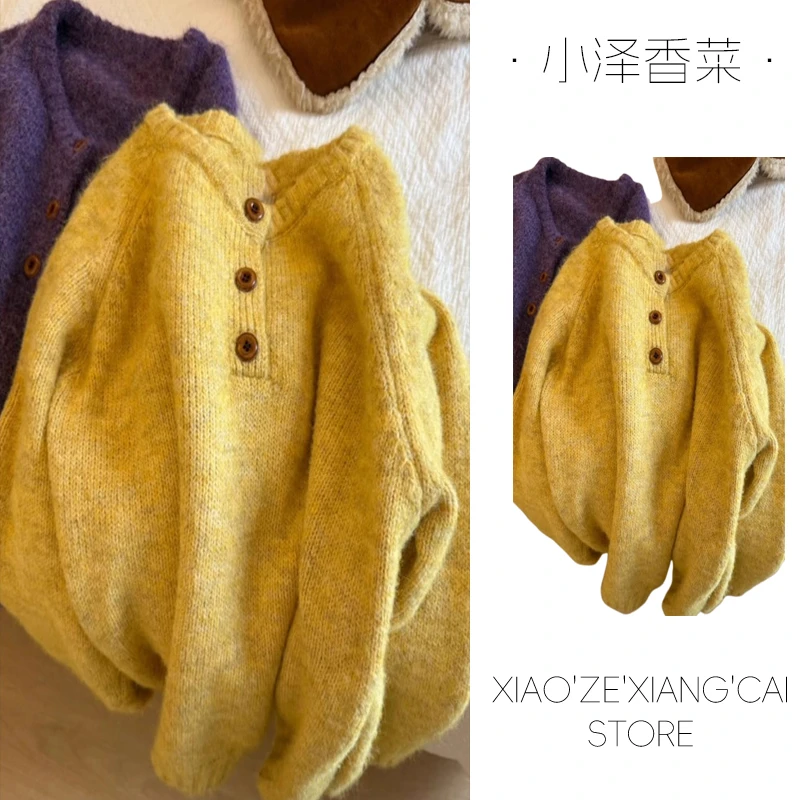 黄色套头打底毛衣女秋冬内搭可外穿加厚保暖宽松慵懒风针织衫上衣