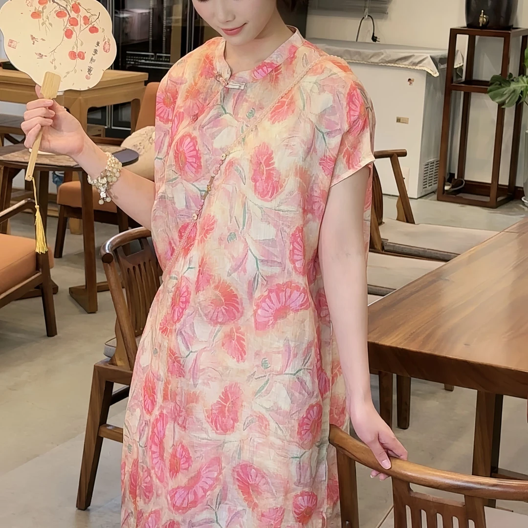 沅曼【繁花】夏季苎麻新中式国风连衣裙气质长款中国风印花夏款旗袍