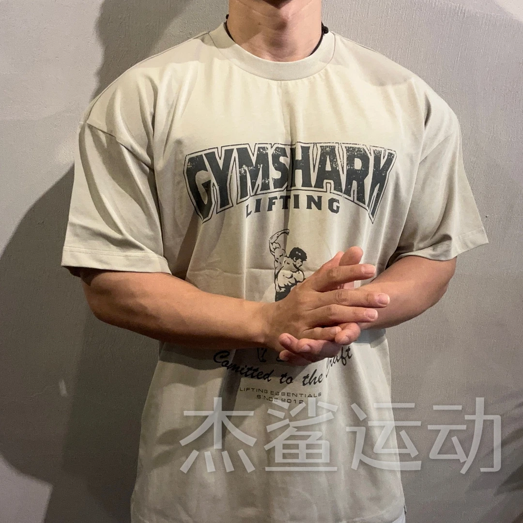 新款GYM鲨鱼Committed宽松款男女运动休闲圆领宽松复古展背短袖F6