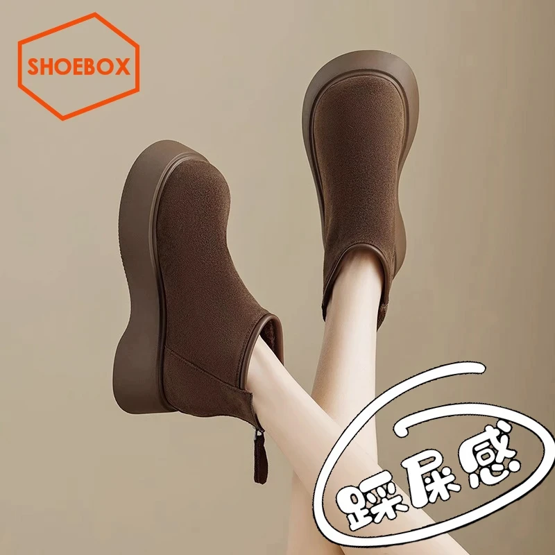 SH0EBOX鞋柜短靴女2025冬季新款加绒雪地靴保暖防水厚底勃肯鞋