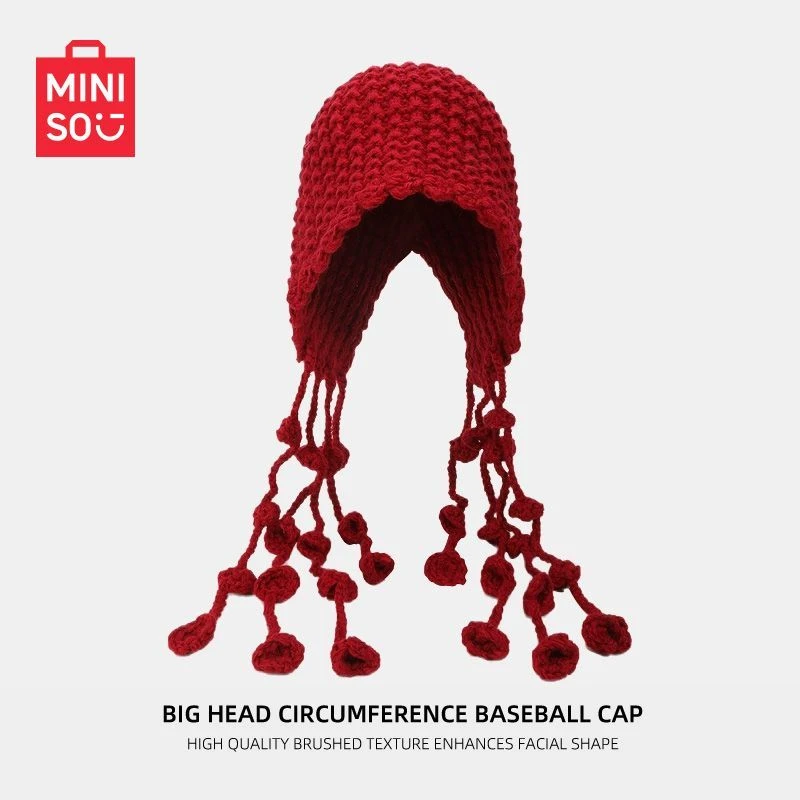 名创优品MINISO红色镂空针织钩针包头护耳帽子流苏毛线绑带毛线帽