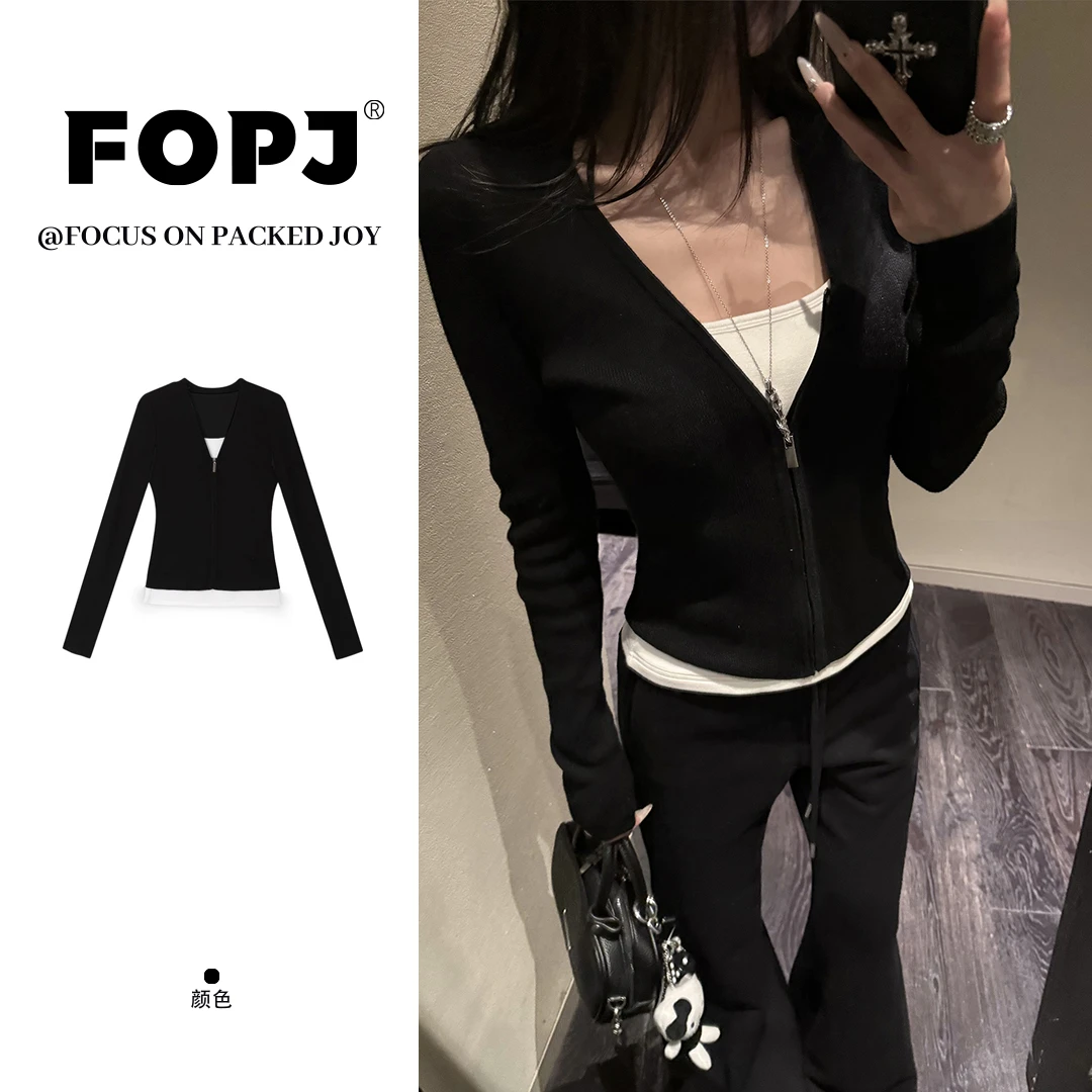 FOPJ韩系辣妹慵懒感穿搭半开领假两件长袖T恤女修身拉链打底上衣