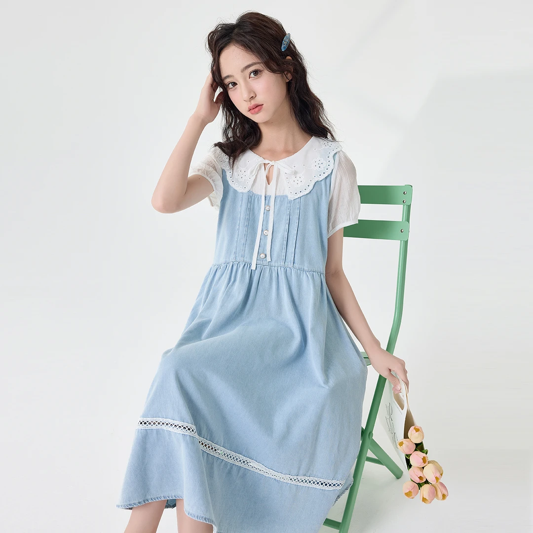 夏季长裙女童夏季甜美连衣裙显瘦复古裙子蓝色蕾丝女装气质C5159