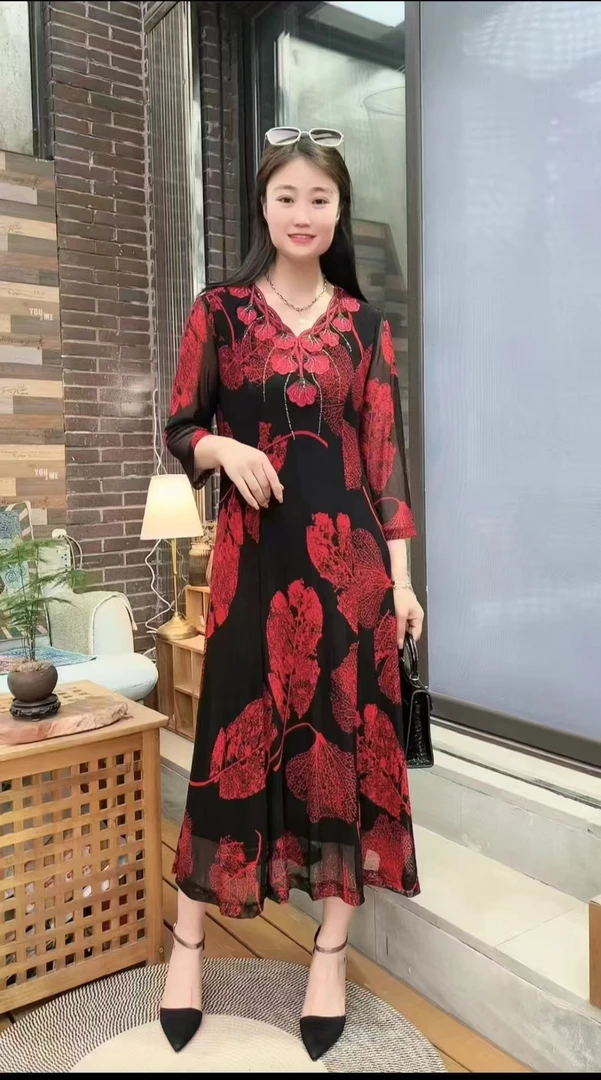 11270-夏季女士连衣裙妈妈气质中长款收腰显瘦女装遮肉【G仓】