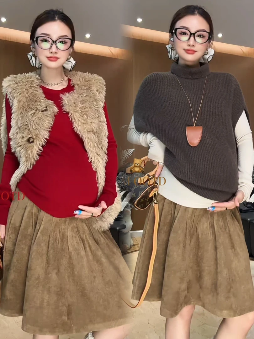 孕妇半身裙卡其色麂皮绒a字短裙冬季托腹五分裙压褶中长裙秋冬裙