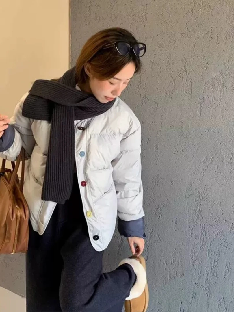 奶蓝色短款棉服女冬季2025新款韩系温柔风小个子显瘦圆领棉衣外套