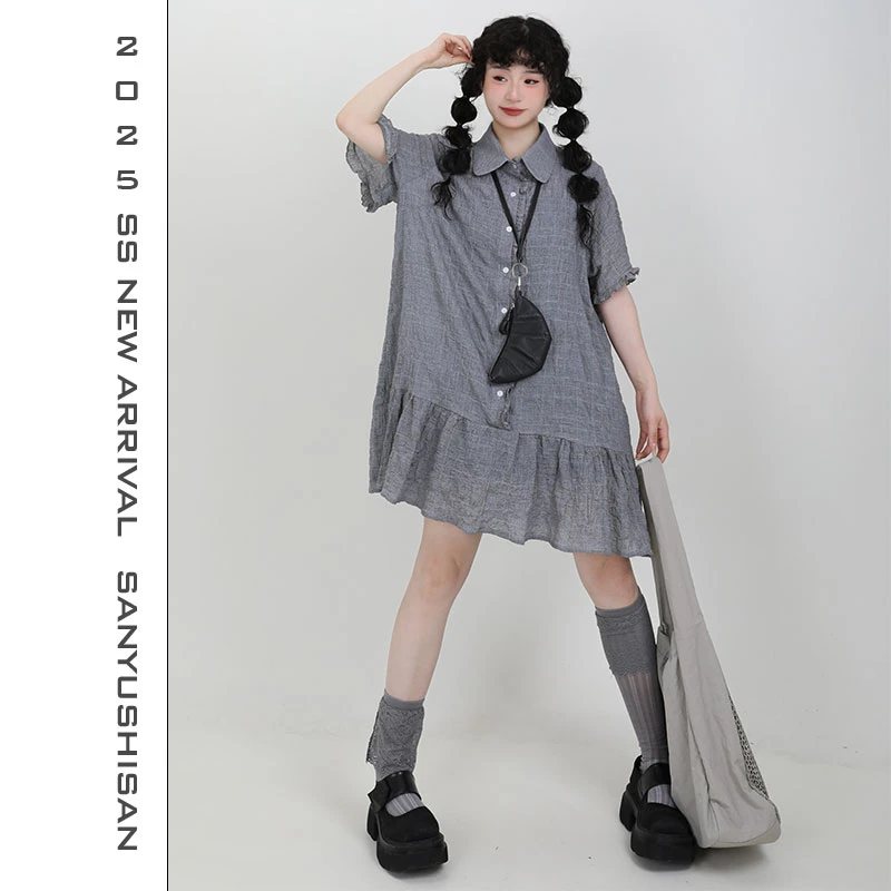 三与十三|半夏山风|复古日系翻领宽松休闲荷叶边短袖上衣衬衫