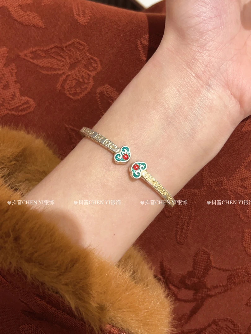 足银珐琅手镯 足银999.9「花如意」新中式描金工艺开口手镯