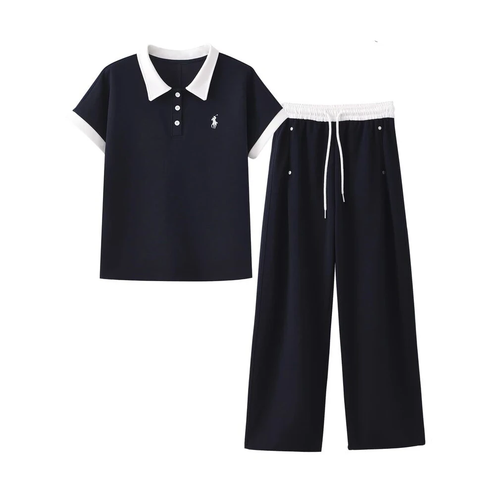 1548-1时尚短袖POLO领上衣+直筒裤两件套2025夏减龄洋气休闲套装