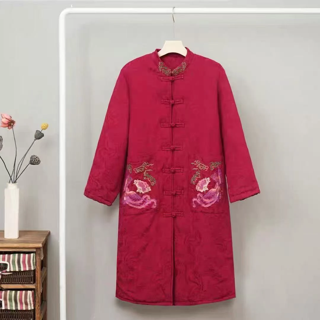 冬款民族风复古重工刺绣长款棉服国风外套