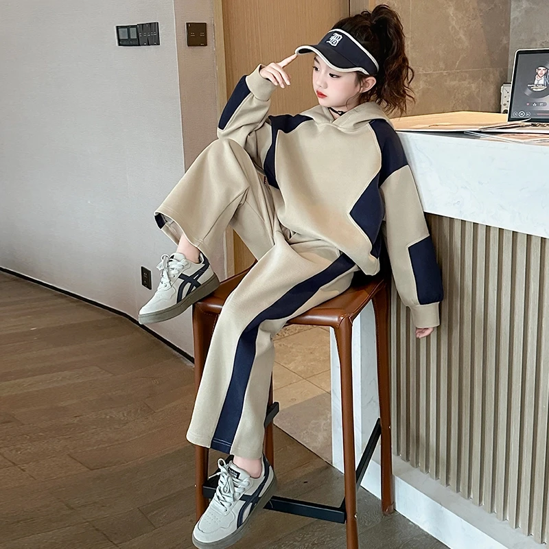 女童拼色连帽卫衣套装2025新款儿童洋气运动阔腿裤女孩时髦两件套