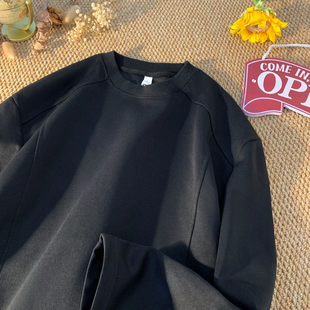 秋冬正肩拼接长袖打底男款cleanfit美式高街卫衣黑色设计感上衣服