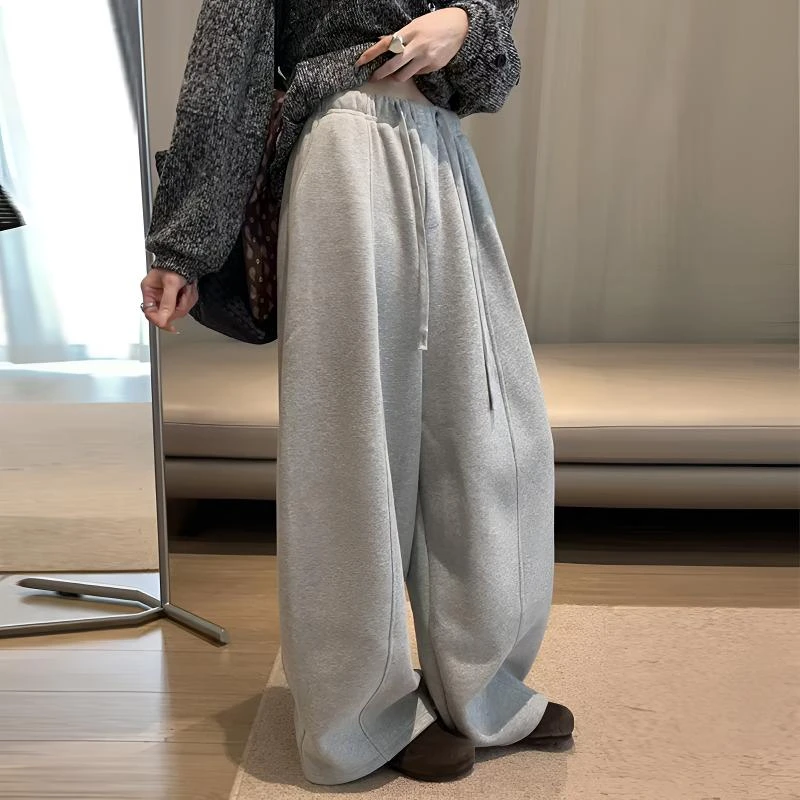 潮牌加绒裤子深灰色抽绳高腰加厚休闲裤女2025秋冬新款宽松阔腿裤