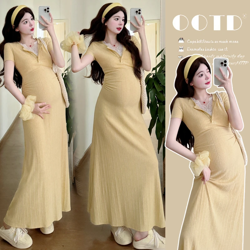 孕妇装夏连衣裙孕期法式穿搭高级感蕾丝Polo领修身长裙夏季薄款