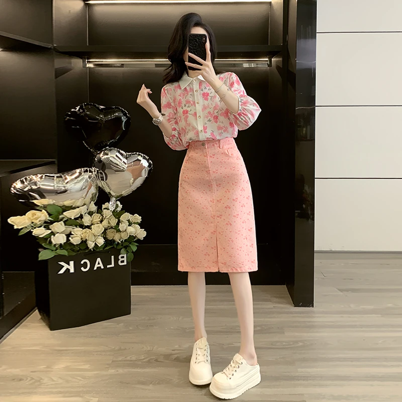 秋季时尚套装气质减龄轻熟风碎花七分袖衬衫牛仔半身裙显瘦穿搭