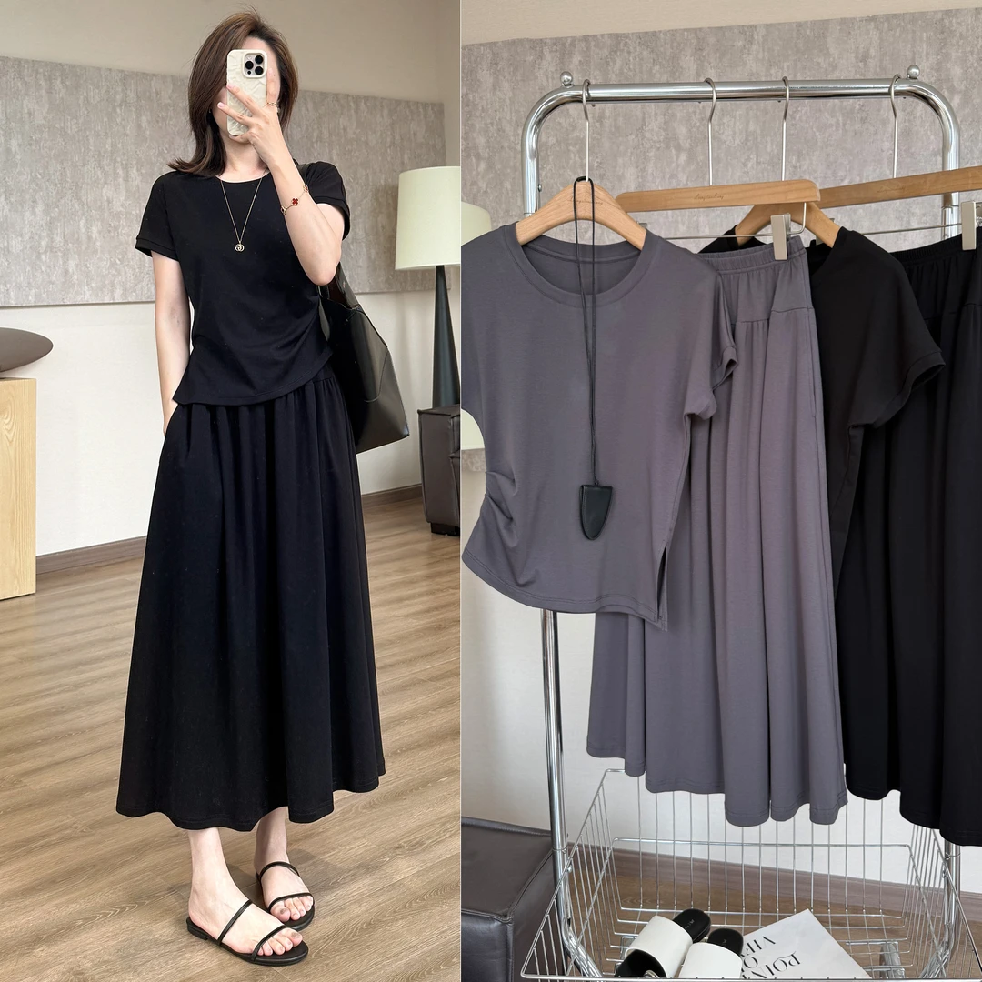 靓小靓【重塑腰线松弛套装裙】遮肉收腰开叉短袖T垂感口袋A字裙T裙
