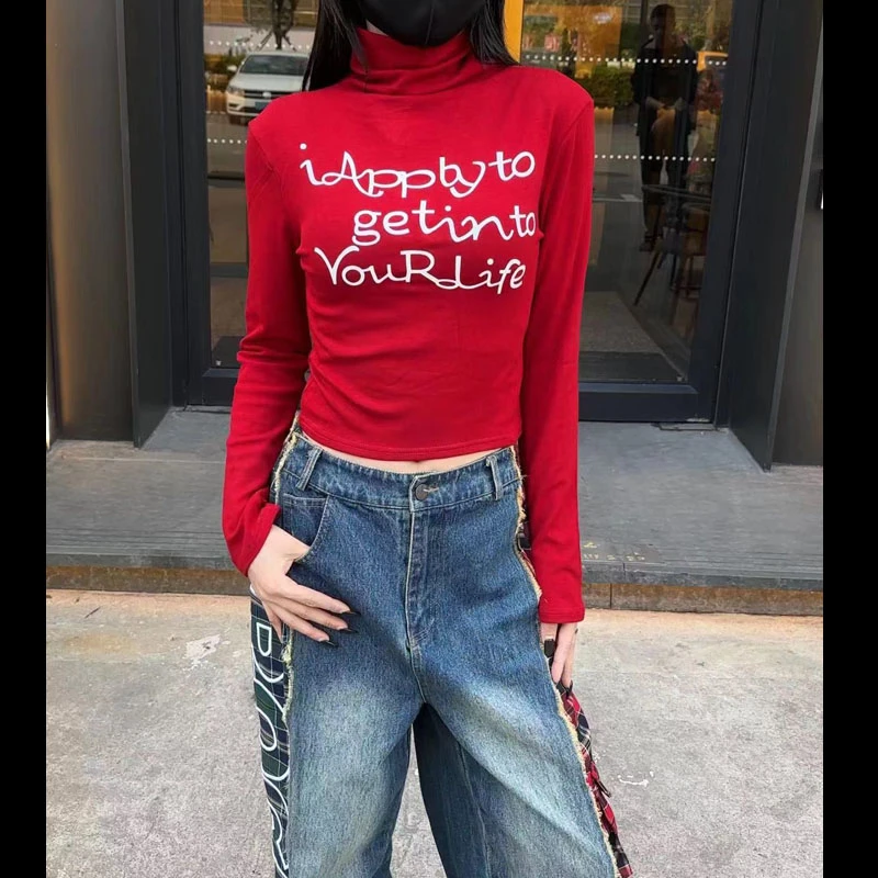 （清清款）31191高领秋季新款百搭字母印花高弹休闲长袖T恤打底衫