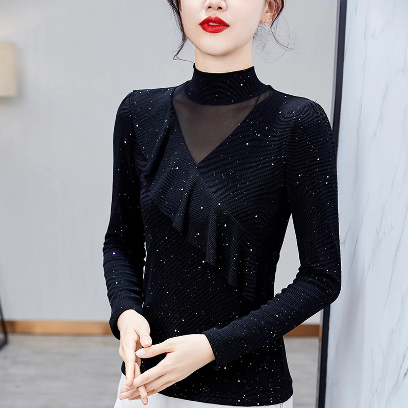 新款荷叶边加绒网纱打底衫 冬装半高领保暖t恤显瘦跳舞服上衣百搭