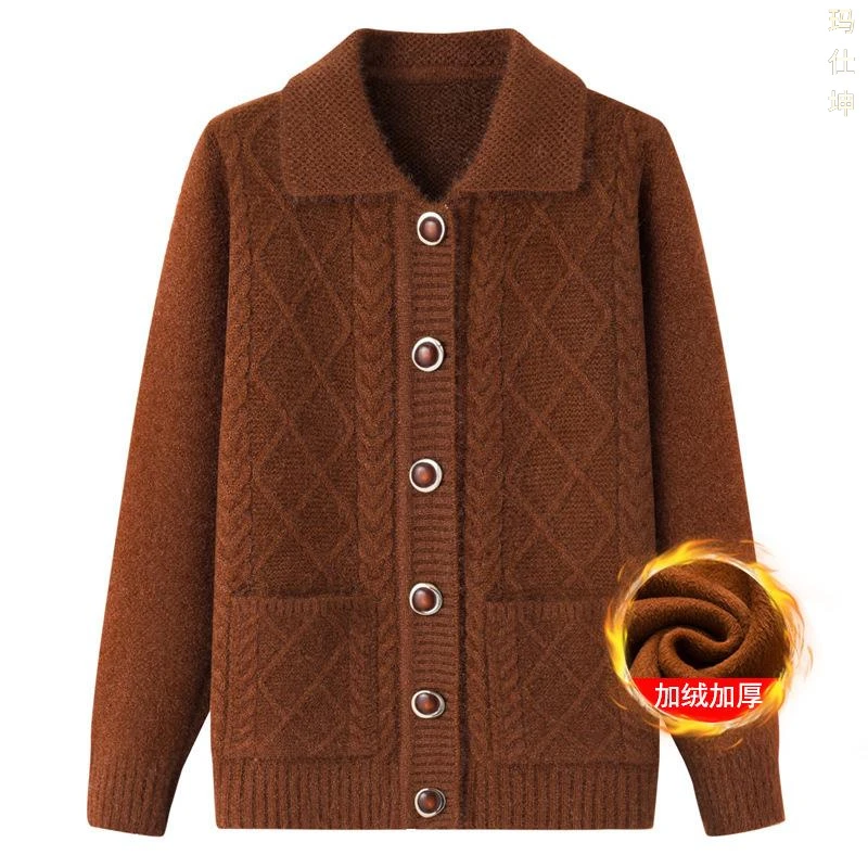 老年人春冬外套女奶奶装加厚翻领妈妈装针织老年人毛衣开衫妈妈装