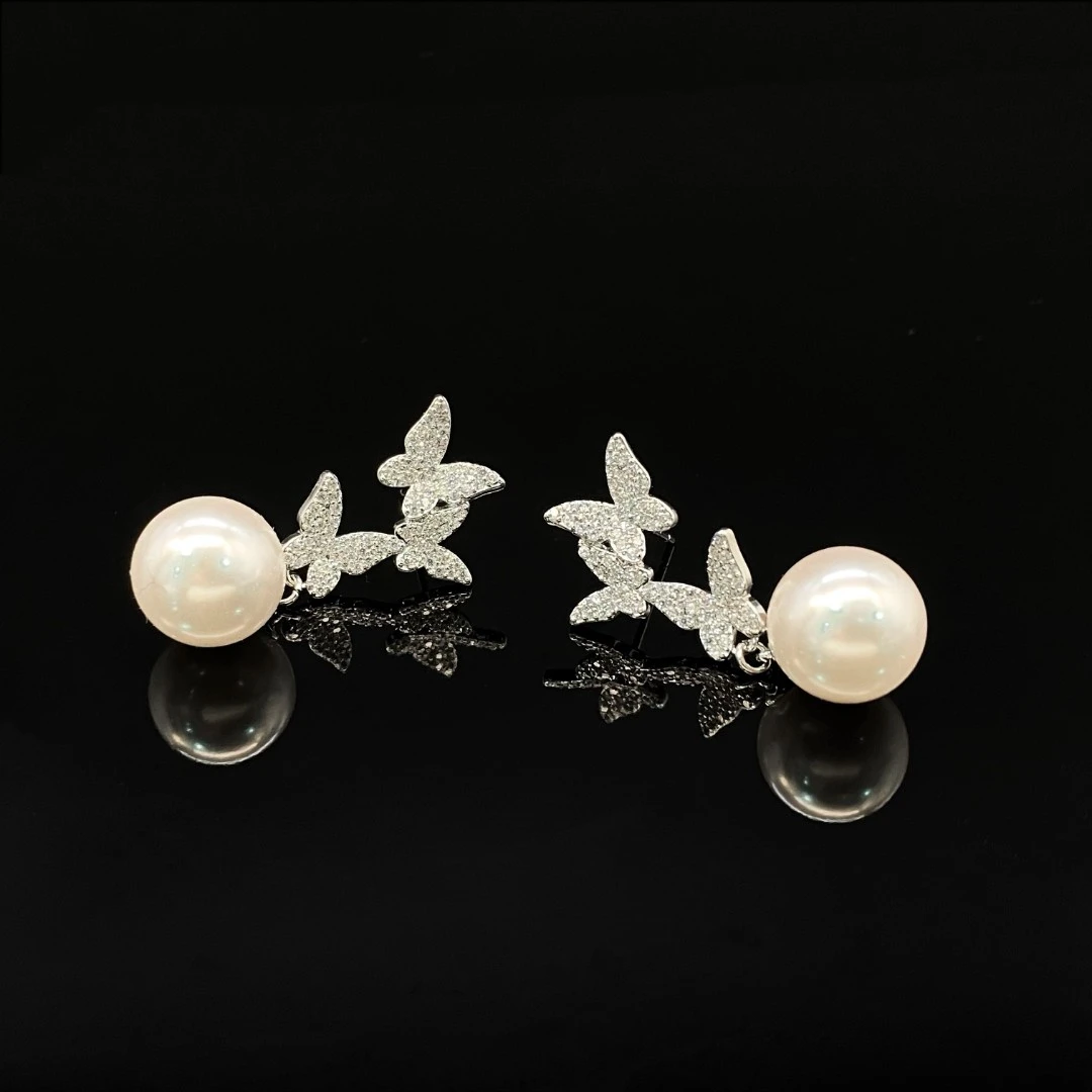 名式 铜合金耳饰 镀铂金 中式满钻银色蝴蝶珠珠轻奢精致耳环FL323