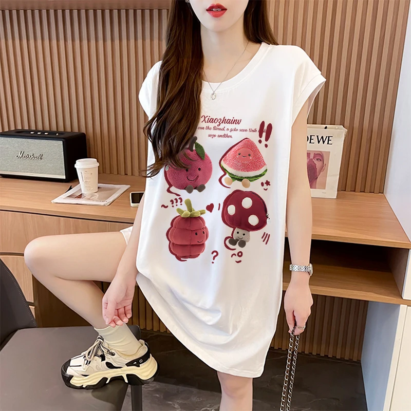 宽松中长款洋气无袖背心女夏季网红时尚休闲百搭卡通纯棉T恤裙子