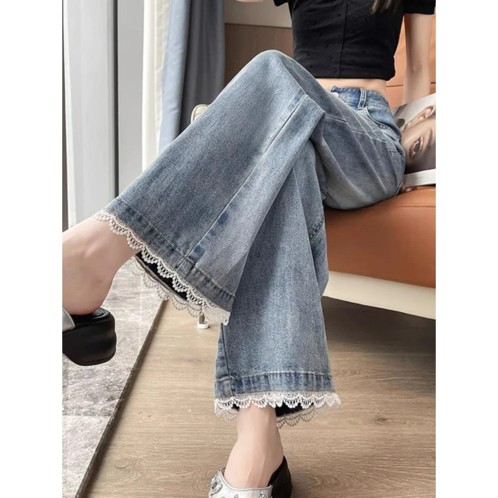 天丝莱赛尔蕾丝花边牛仔裤女夏薄款2025新款小个子宽松九分直筒裤