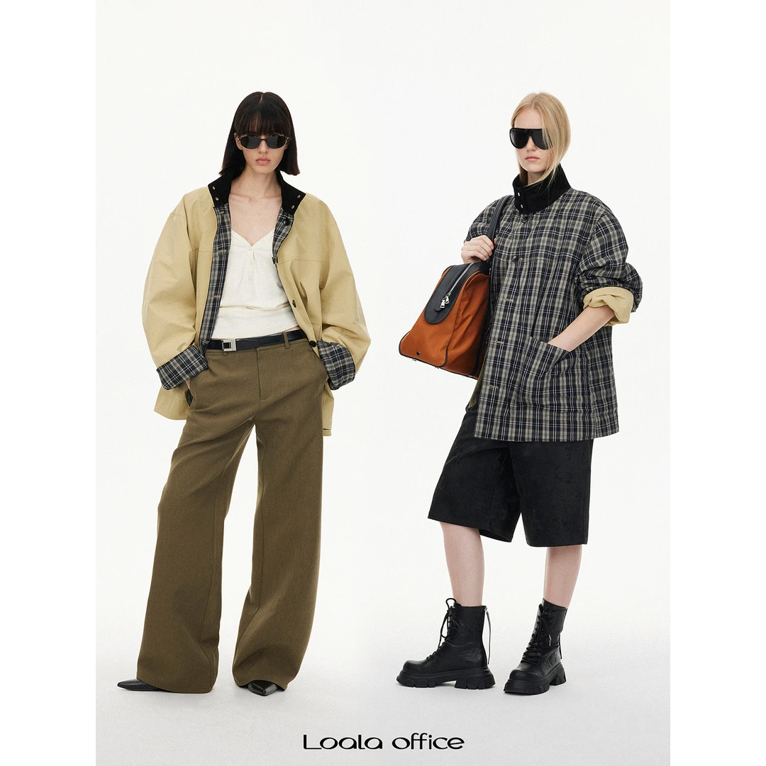 LOALA OFFICE【09.28新品】灯芯绒经典格纹两穿风衣棉服