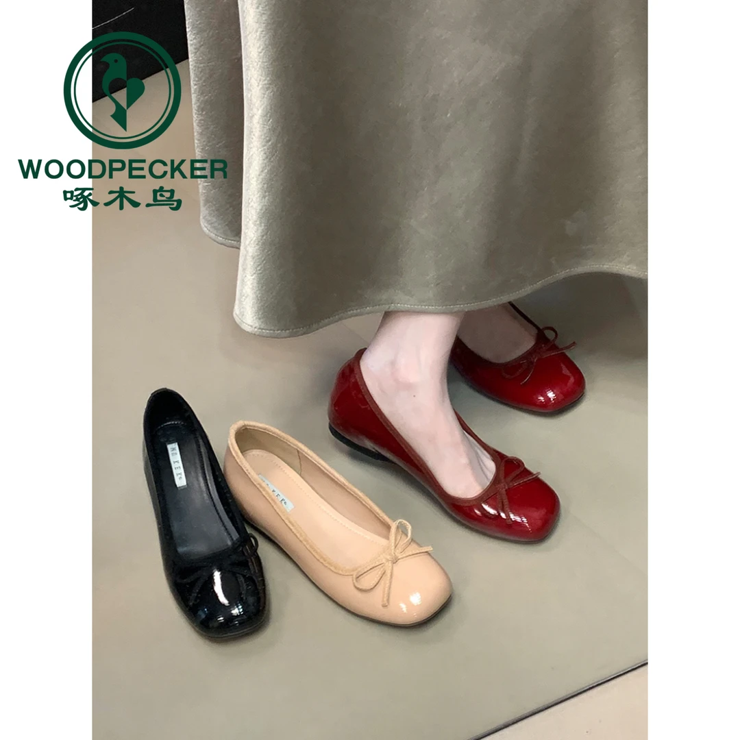 啄木鸟蝴蝶结红色浅口单鞋法式单鞋女2025秋新款瓢鞋内增高奶奶鞋