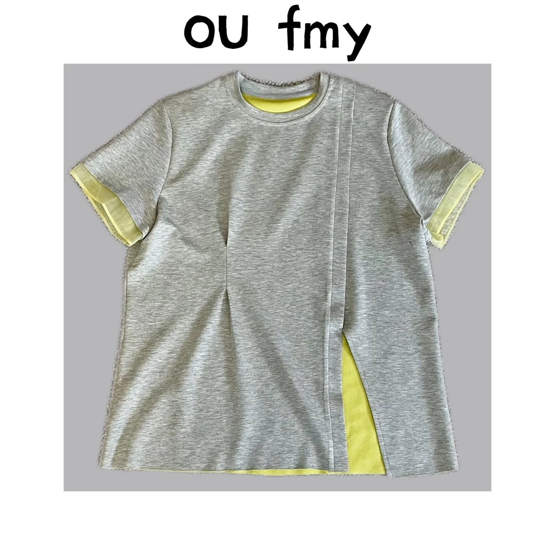 FY738夏季出街撞色不规则设计感显瘦开叉短袖上衣