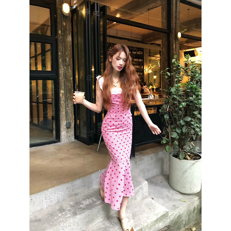 【12YE】夏季蕾丝拼接波点小众收腰下摆鱼尾连衣裙（有胸垫）Q0038