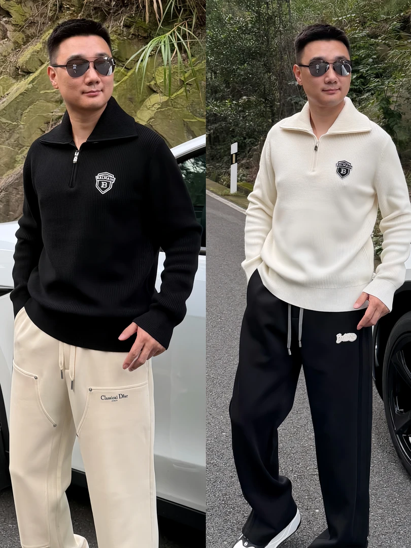 《国际行》2025秋男士翻领简约时尚休闲半拉链微宽松羊毛衫