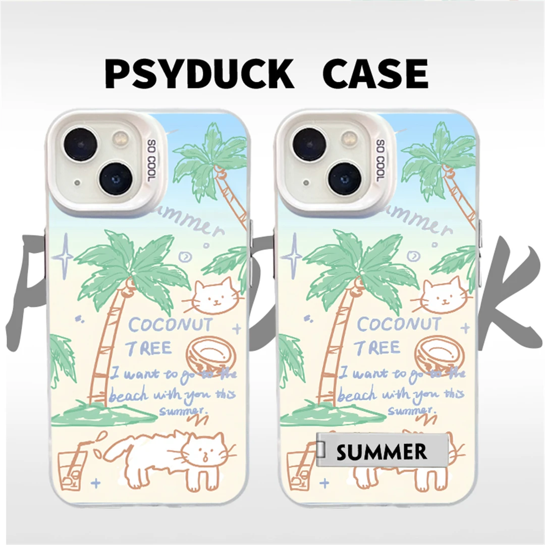 适用苹果华为一加小米夏日小猫椰子树彩银白底卡通动漫防摔手机壳