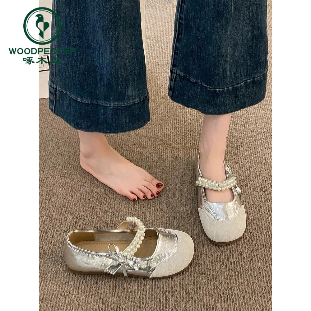 啄木鸟珍珠蝴蝶结玛丽珍鞋女2025夏季新款银色单鞋平底jk小皮鞋女