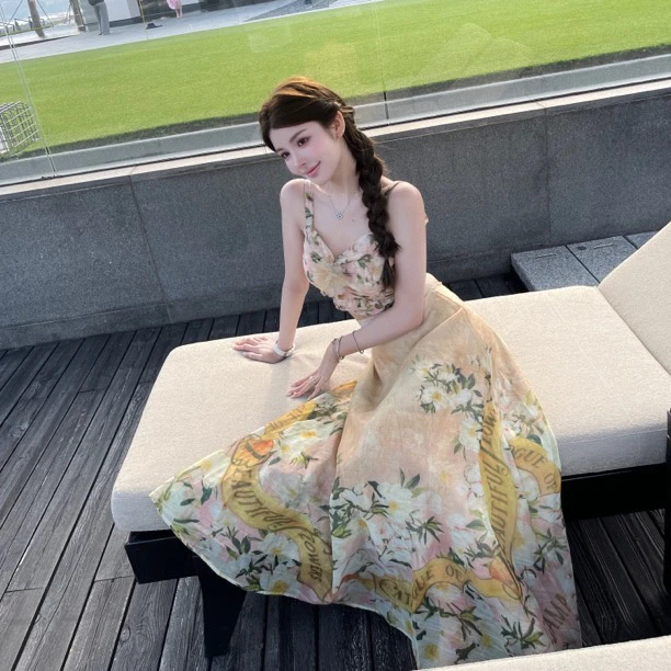 【秘密花园】高级感夏季印花吊带仙女两件套装长裙