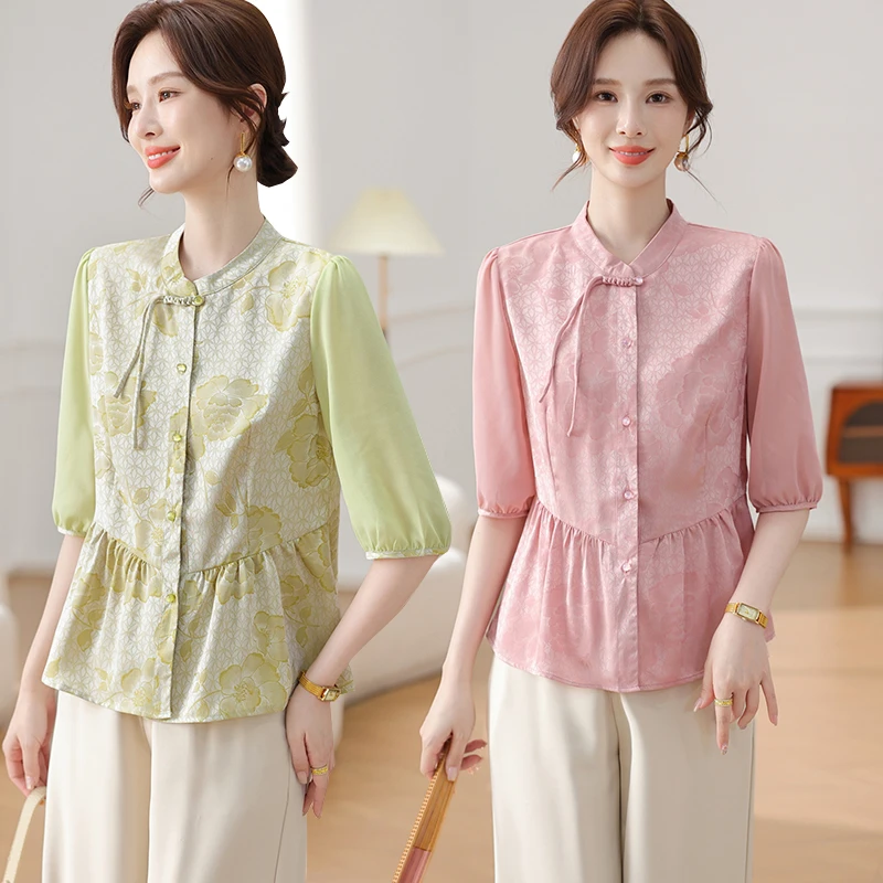 妈妈50岁中老年女装夏装2024新款新中式上衣时尚短袖t恤薄款小衫