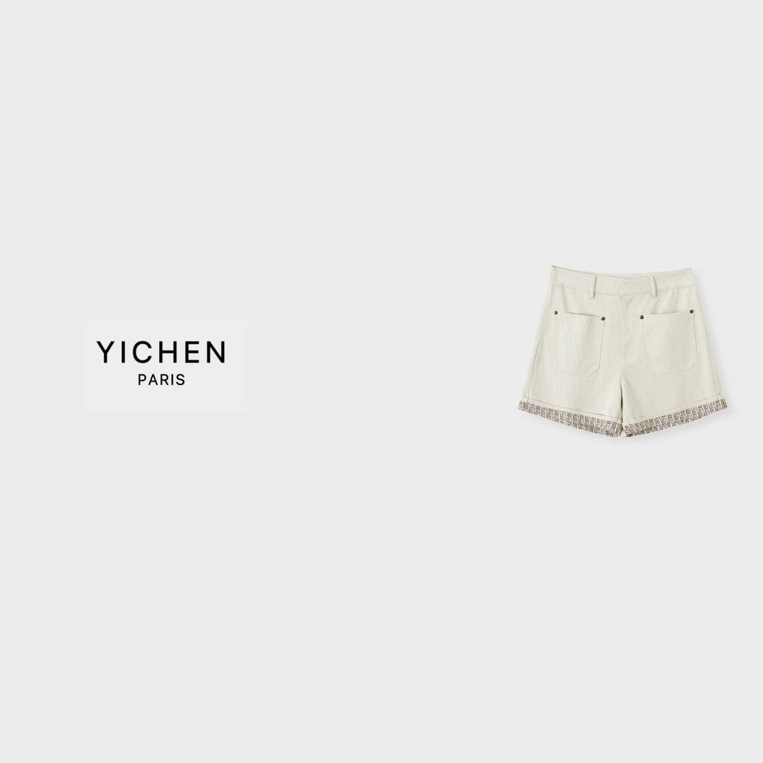 YC 香槟色字母提花双口袋中高腰休闲牛仔短裤-5000