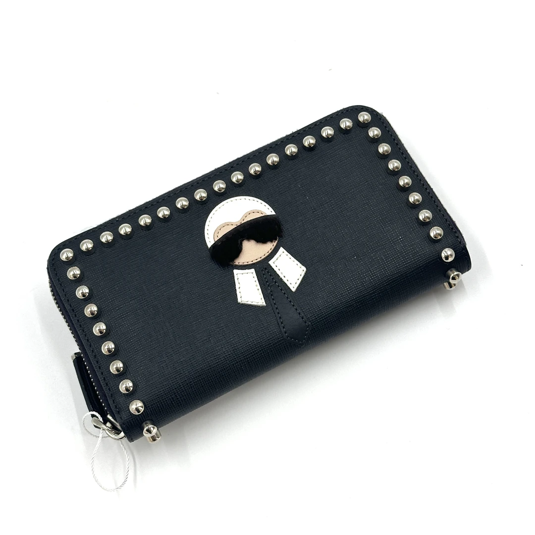99新 FENDI/芬迪 Fendi 芬迪老佛爷黑色铆钉装饰牛皮长款钱包