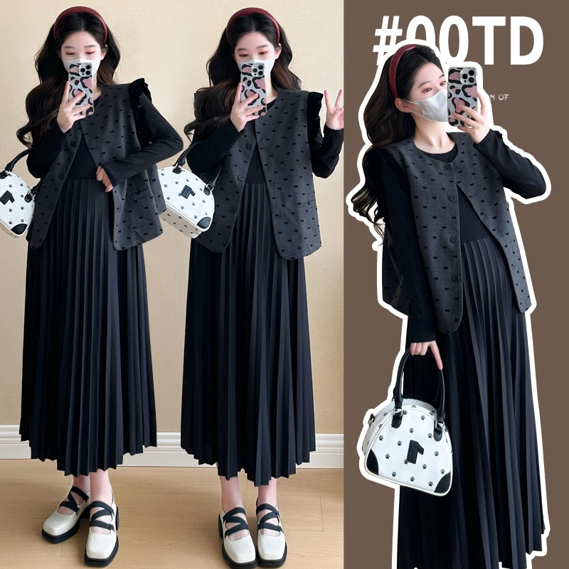 小香风孕妇装秋装套装2025新款韩版时尚孕妇马甲秋季百褶连衣裙子