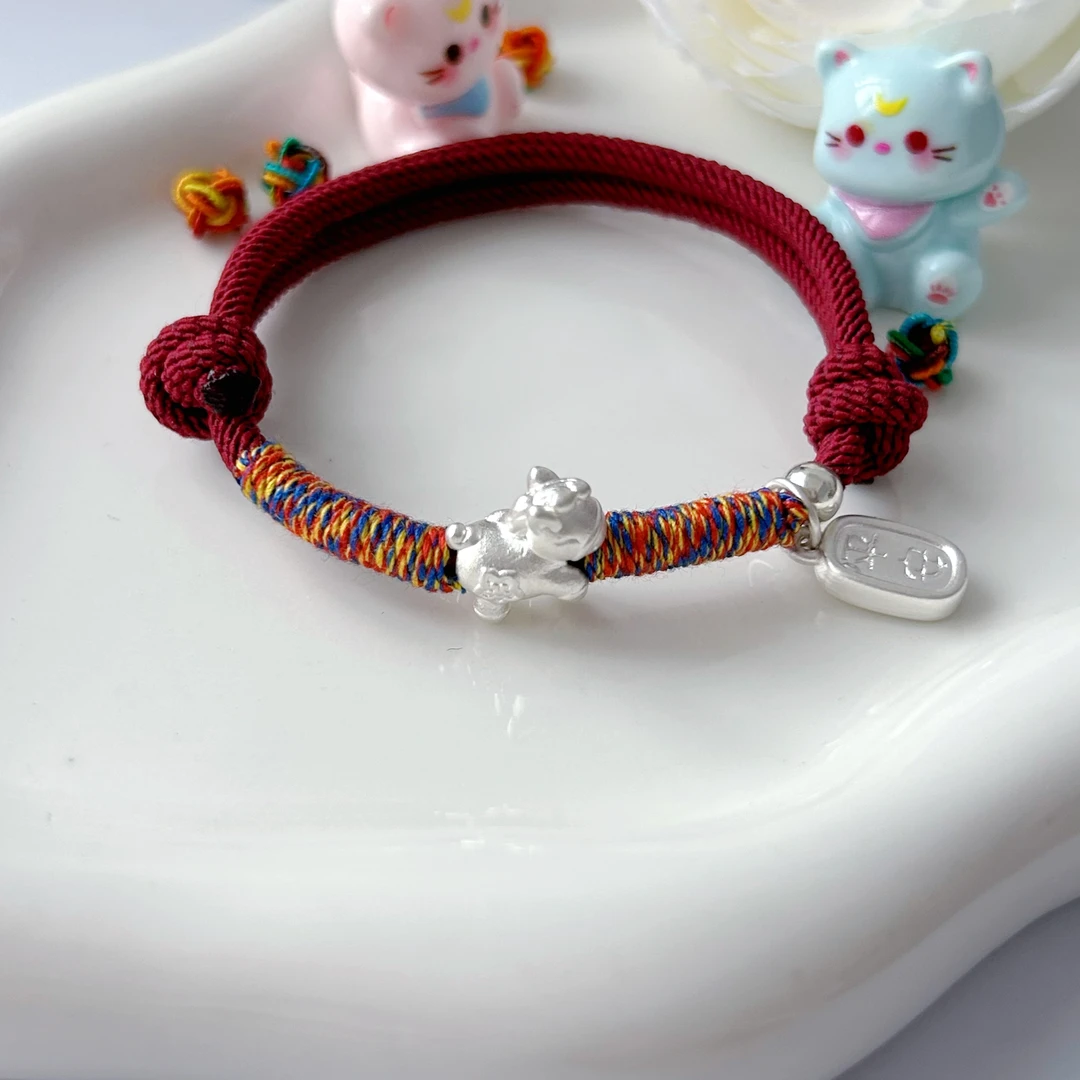 足银手链 【三里吟银饰】本本年小马手链 宝宝情侣纯手工编织红手绳