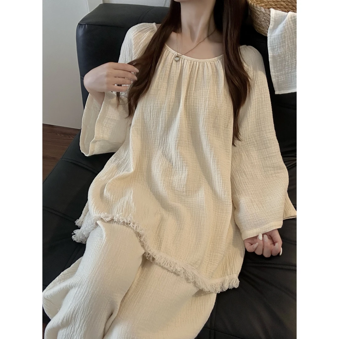 韩版高级纯色双层棉纱睡衣女秋季新款长袖长裤亲肤大码家居服套装
