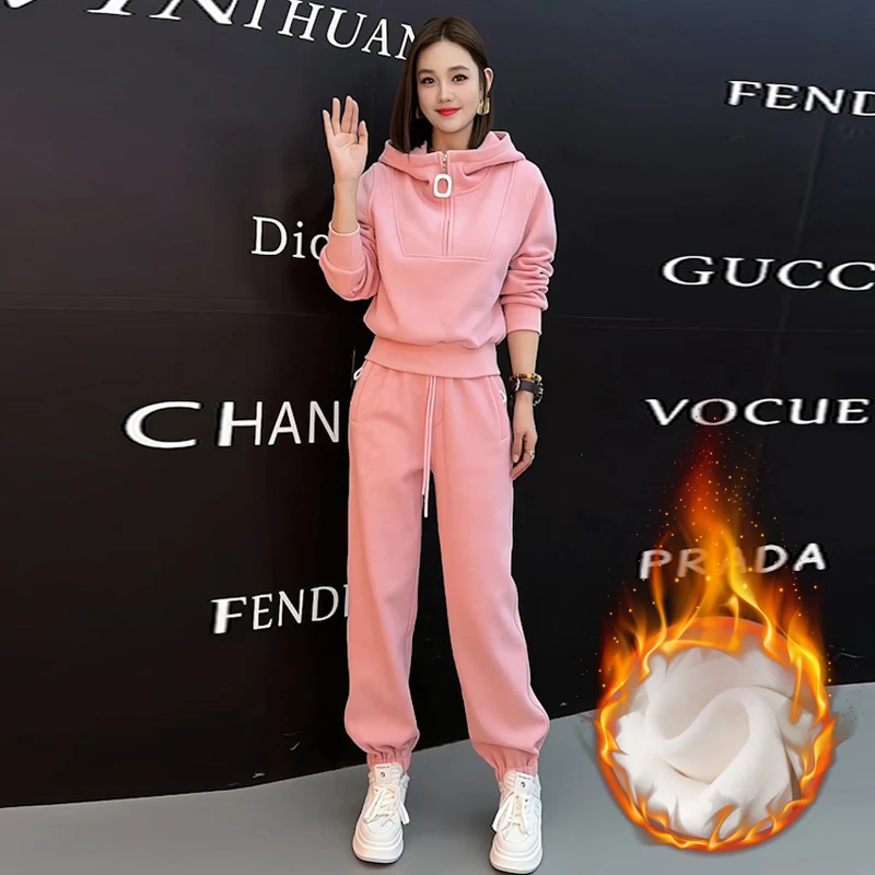 网红时尚休闲运动套装女秋冬季洋气减龄连帽加绒卫衣束脚裤两件套
