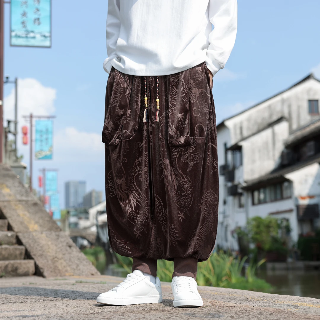 新中式潮牌金丝绒束脚运动裤男秋冬季中国风龙纹提花宽松灯笼裤子