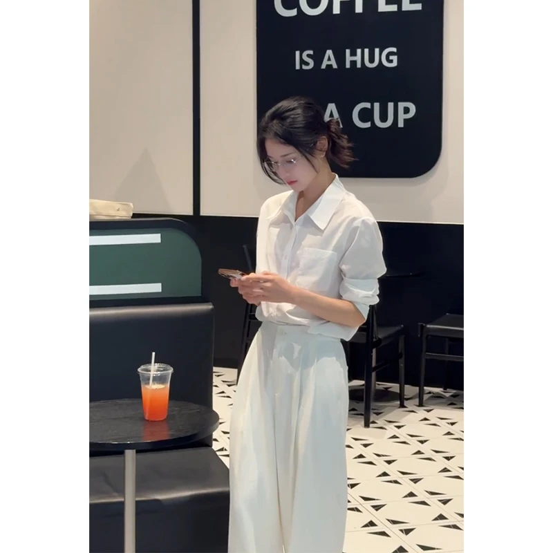 MARIE.COCO法式高级感白色长袖衬衫高腰显瘦压褶西装休闲阔腿裤子
