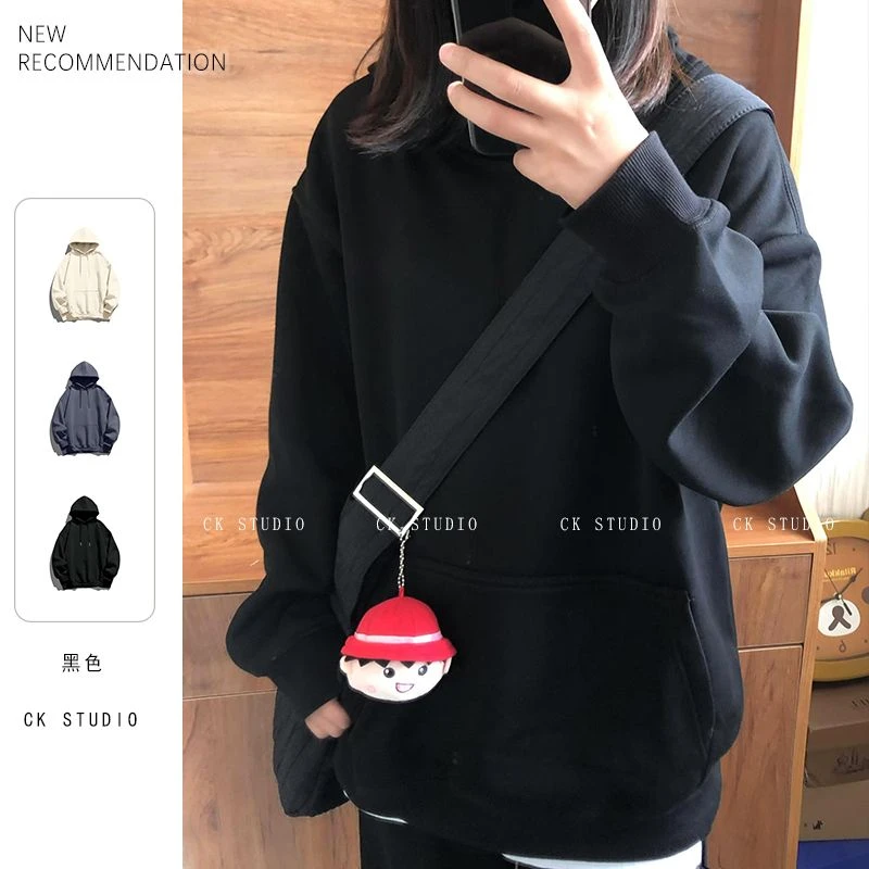 2024网红款百搭纯色加绒连帽卫衣oversi上衣宽松舒适上衣女#Q2002